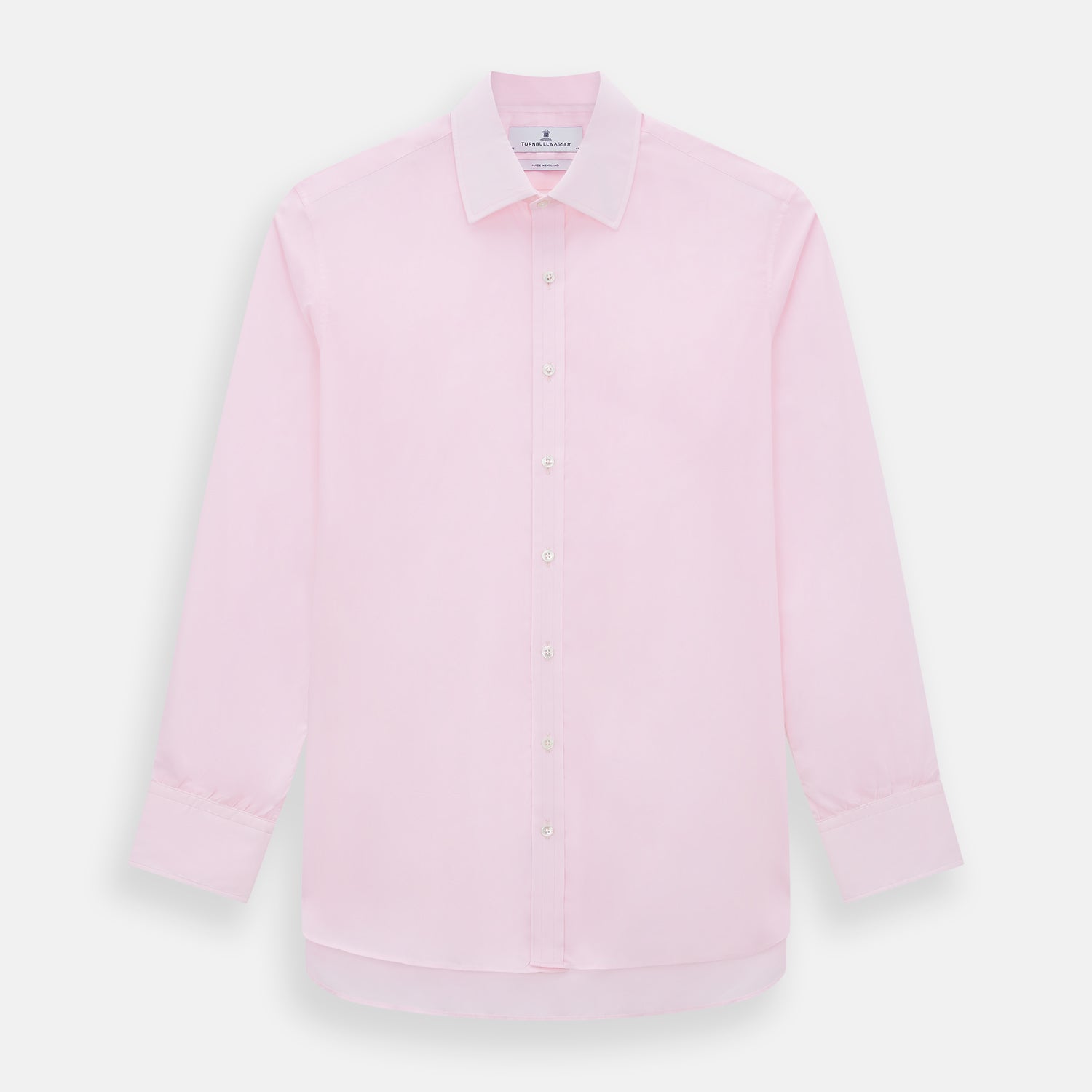 View 1 of product The Turnbull & Asser Pink Mayfair Shirt features long sleeves, a classic collar, and white buttons—a refined choice for any men's wardrobe. Laid flat against a white background, it highlights timeless style and craftsmanship.