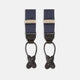 Turnbull & Asser Navy & White Small Spot Adjustable Silk Braces feature black leather loops and silver clasps—timeless accessories displayed on a white background.