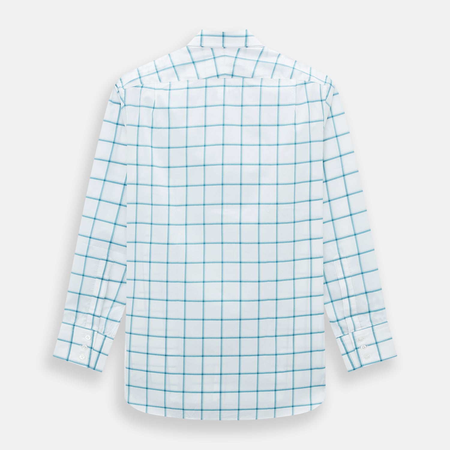 View 3 of product The Turnbull & Asser Turquoise Grid Check Mayfair Shirt is crafted from Italian cotton with a white base and turquoise grid pattern, featuring long sleeves, a pointed collar, and buttoned cuffs.