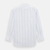 View 3 of product The Turnbull & Asser Pale Blue Multi Stripe Shirt features thin vertical stripes, a contrast collar, and double cuffs, displayed on a plain light background.