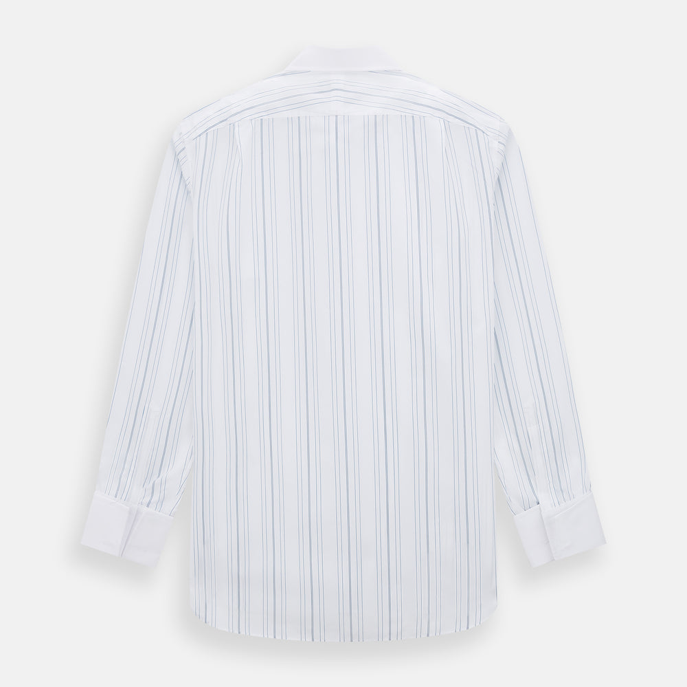The Turnbull & Asser Pale Blue Multi Stripe Shirt features thin vertical stripes, a contrast collar, and double cuffs, displayed on a plain light background.