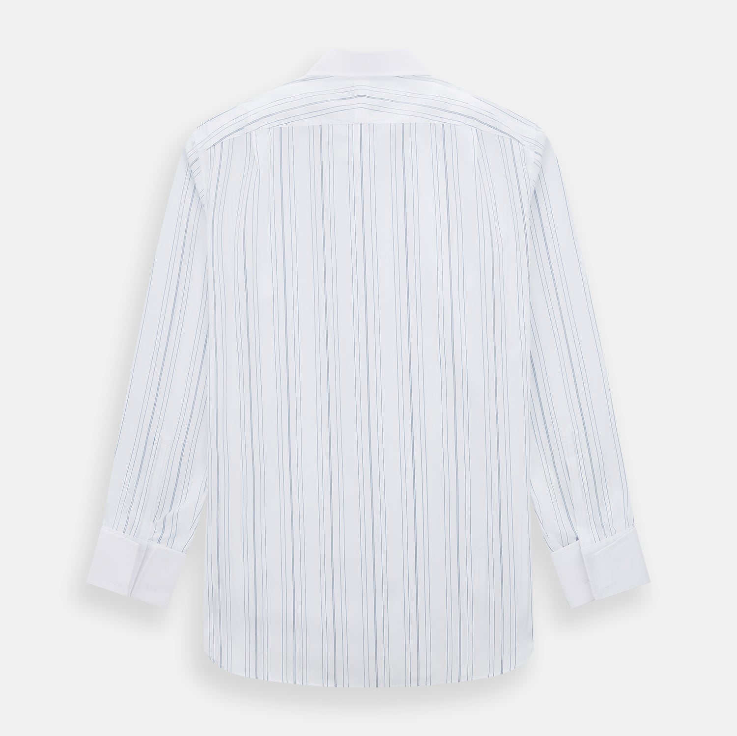 View 3 of product The Turnbull & Asser Pale Blue Multi Stripe Shirt features thin vertical stripes, a contrast collar, and double cuffs, displayed on a plain light background.