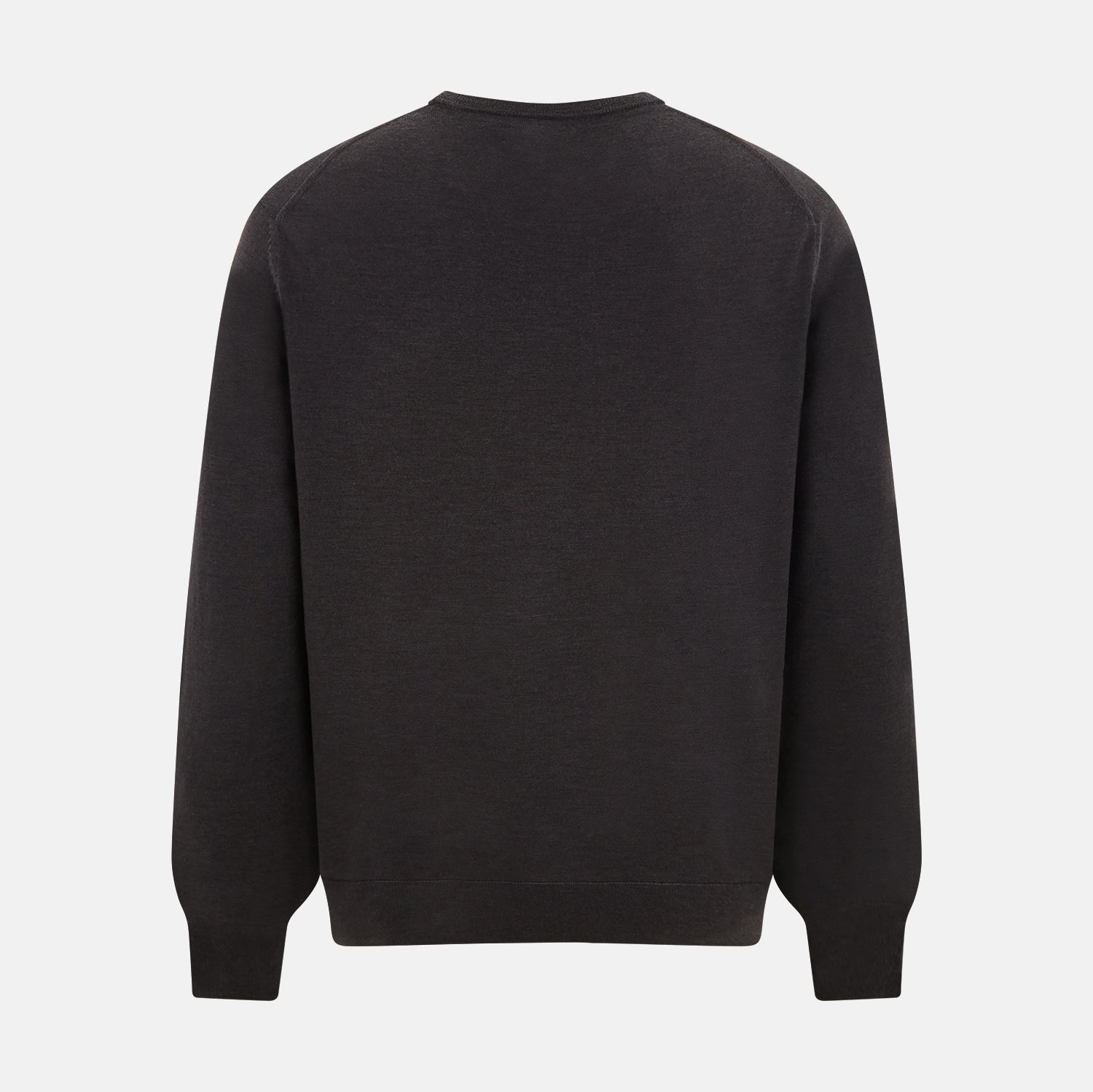 View 3 of product The Turnbull & Asser Charcoal Grey Fine Merino Round Neck Jumper for men features long sleeves, ribbed cuffs, hem, and collar. Displayed on a white background, this classic knitwear piece has a plain design with no visible logos or patterns.
