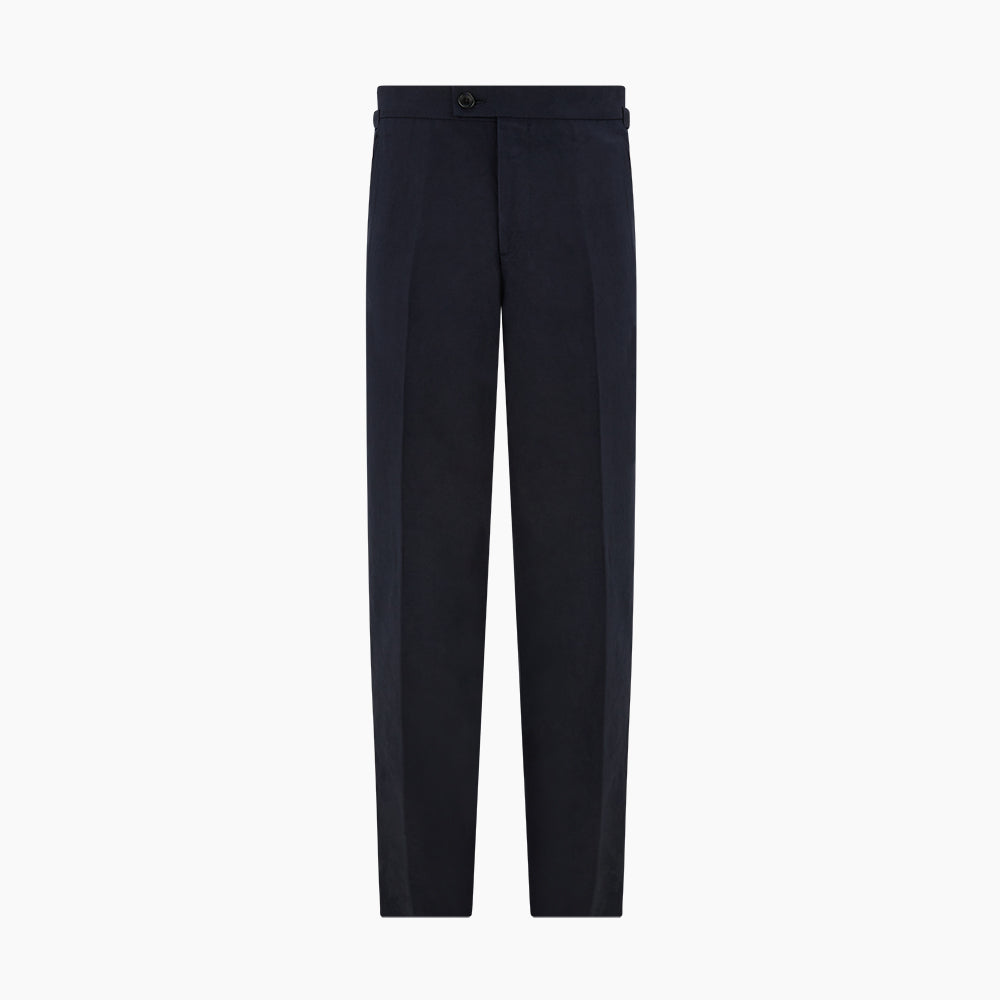 Turnbull & Asser Navy Linen Henry Trousers feature a button closure and pressed front creases, ideal as formal navy trousers, and are shown against a plain white background.