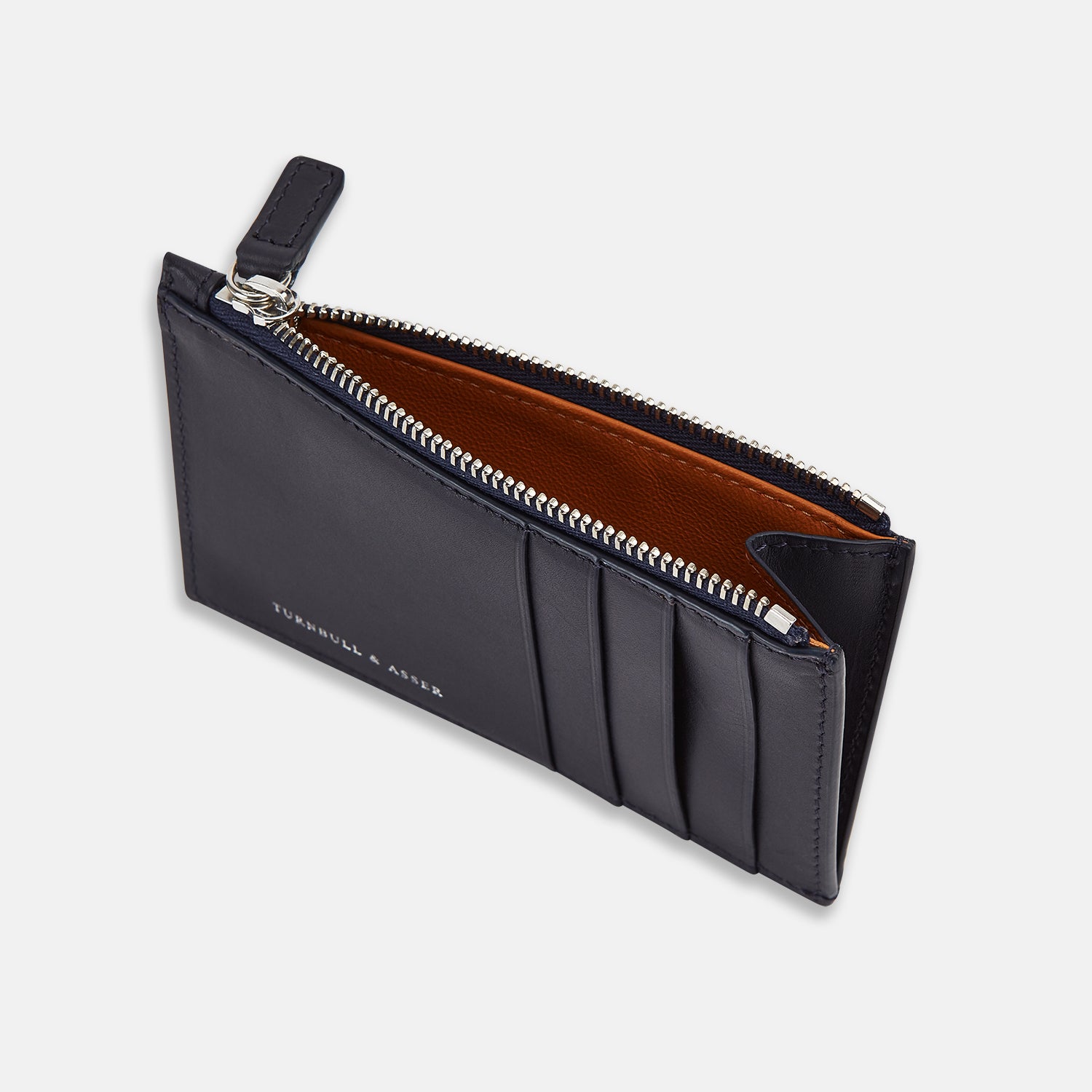View 2 of product A navy Italian leather zip coin and card holder with a slim design, featuring multiple card slots and a zipper pouch. The Turnbull & Asser name is embossed on the front, with a brown-lined interior.