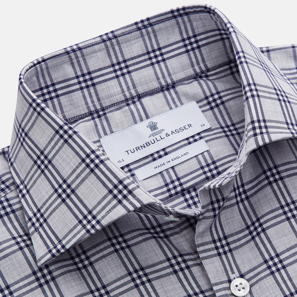 The Turnbull & Asser Grey Multi Check Cotton Tailored Fit Shelton Shirt is neatly laid flat on a white background.
