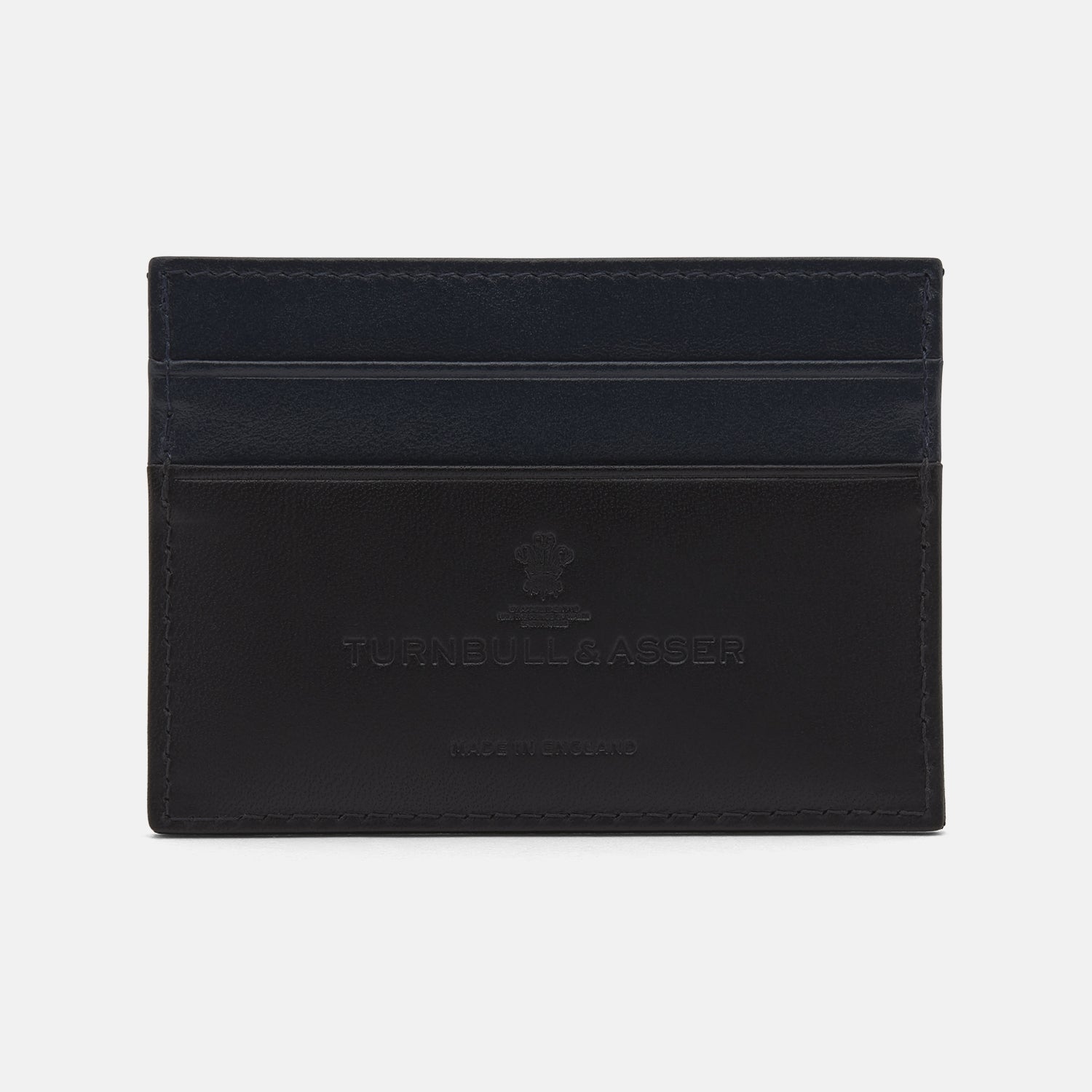View 1 of product The BLACK LEATHER CARD HOLDER by Turnbull & Asser features multiple card slots and an embossed logo on front, crafted in minimalist black leather and showcased on a plain white background.