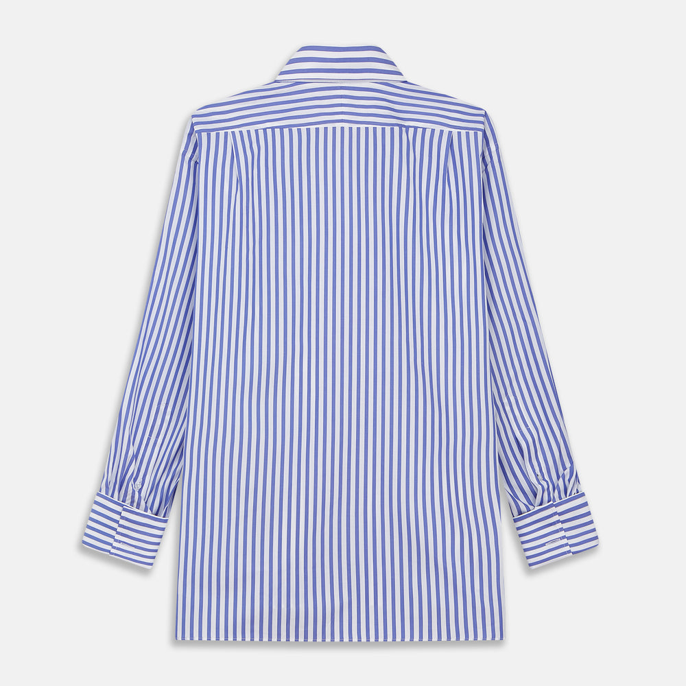 The Turnbull & Asser Pale Blue Candy Stripe Cotton Marlene Shirt is an oversized women's collared shirt with long sleeves, buttoned cuffs, and vertical blue and white stripes, shown laid flat on a white background.
