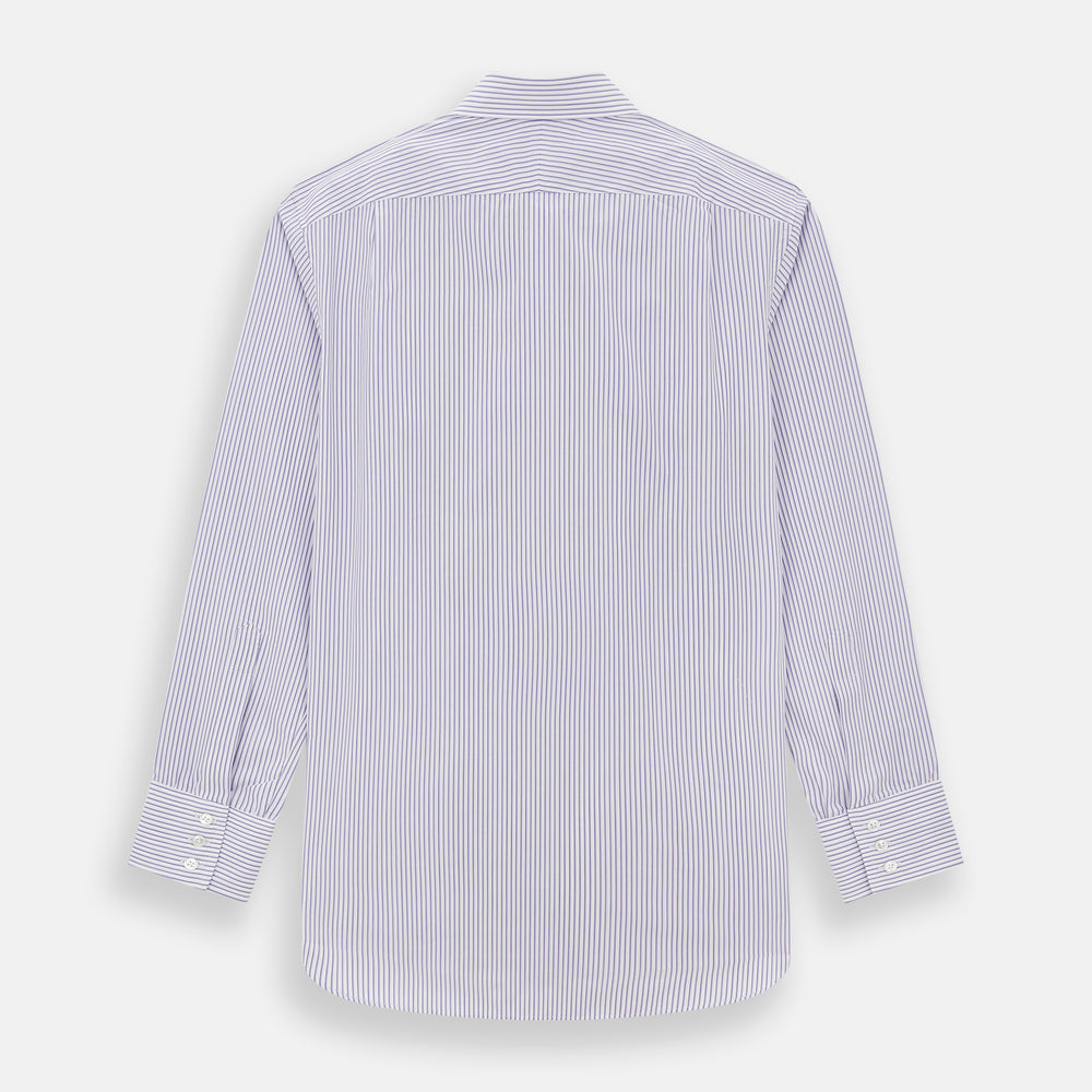 The Turnbull & Asser Purple Shadow Stripe Mayfair Shirt features a long-sleeve button-up design with thin vertical blue and white stripes, a T&A collar, and buttoned cuffs, shown on a plain white background.