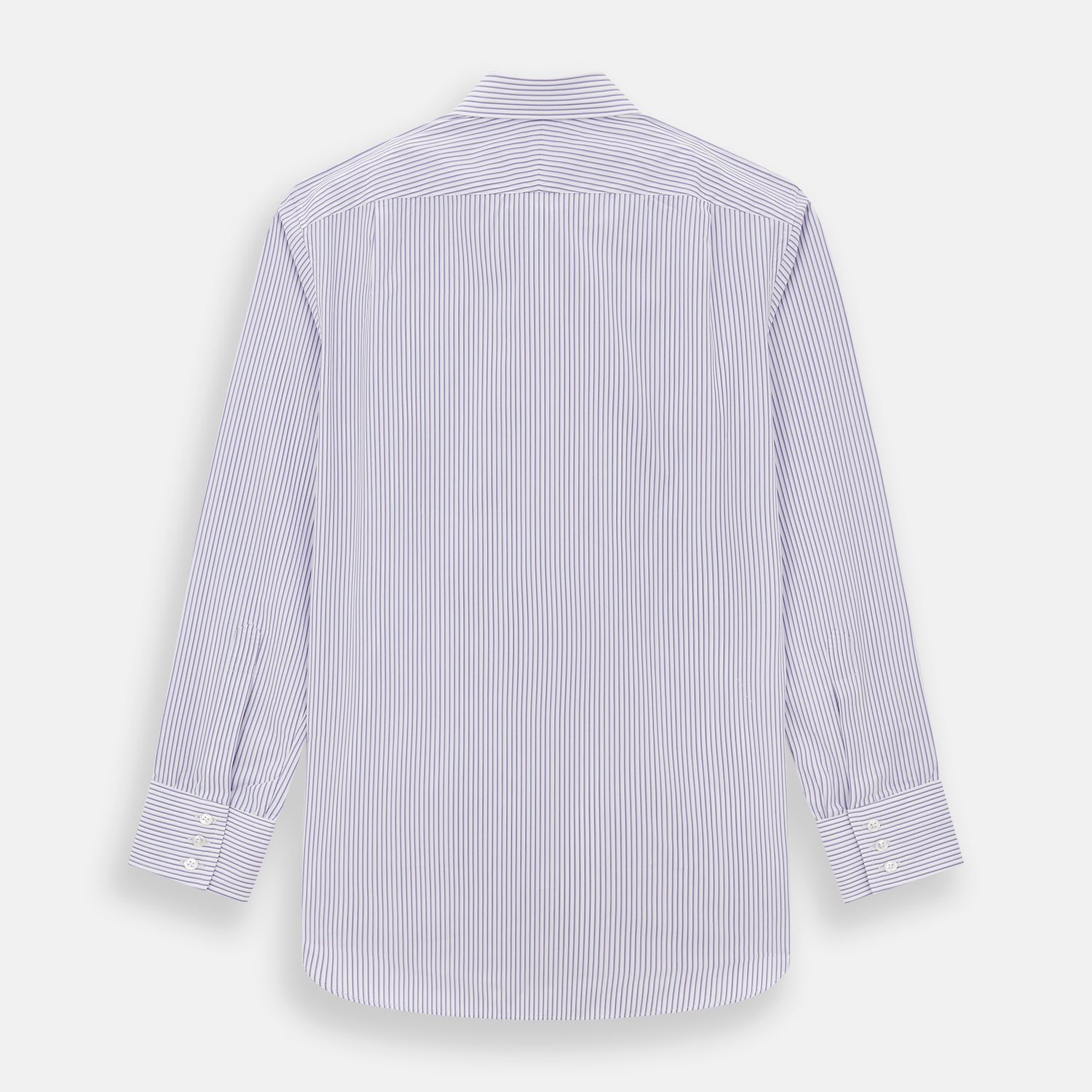 View 3 of product The Turnbull & Asser Purple Shadow Stripe Mayfair Shirt features a long-sleeve button-up design with thin vertical blue and white stripes, a T&A collar, and buttoned cuffs, shown on a plain white background.
