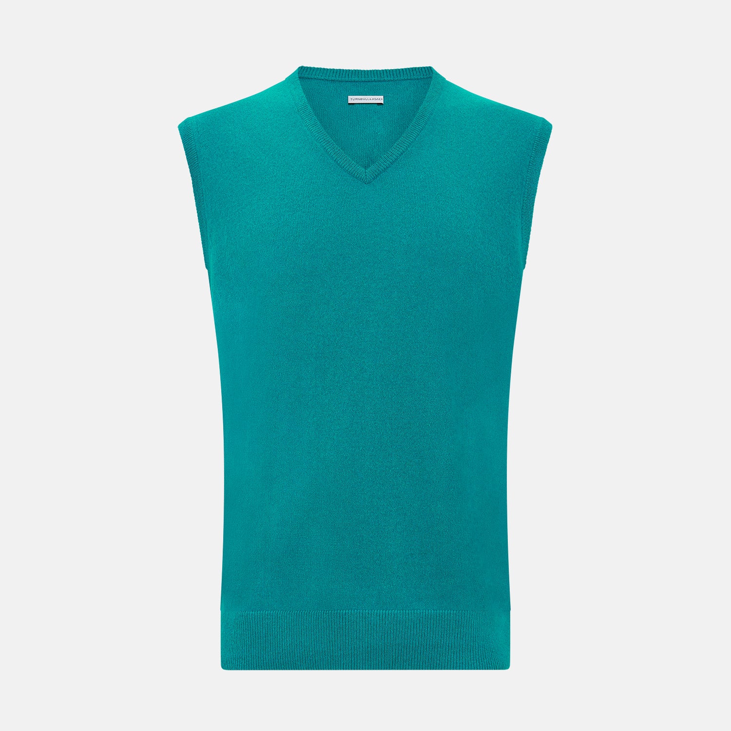 View 1 of product The Turnbull & Asser Turquoise Cashmere V-Neck Vest features ribbed detailing at the neck, armholes, and hem. Shown on a white background, its soft cashmere fabric brings refined charm to any distinguished look.