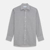 View 1 of product The Turnbull & Asser Grey Gingham Check Cotton Melange Regular Fit Mayfair Shirt, shown flat against a white background, offers a classic designer look with its small black and white check pattern and button-down design.