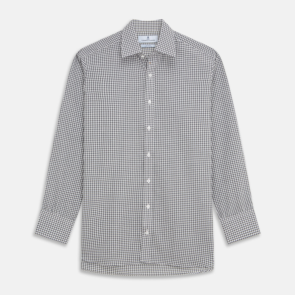 The Turnbull & Asser Grey Gingham Check Cotton Melange Regular Fit Mayfair Shirt, shown flat against a white background, offers a classic designer look with its small black and white check pattern and button-down design.