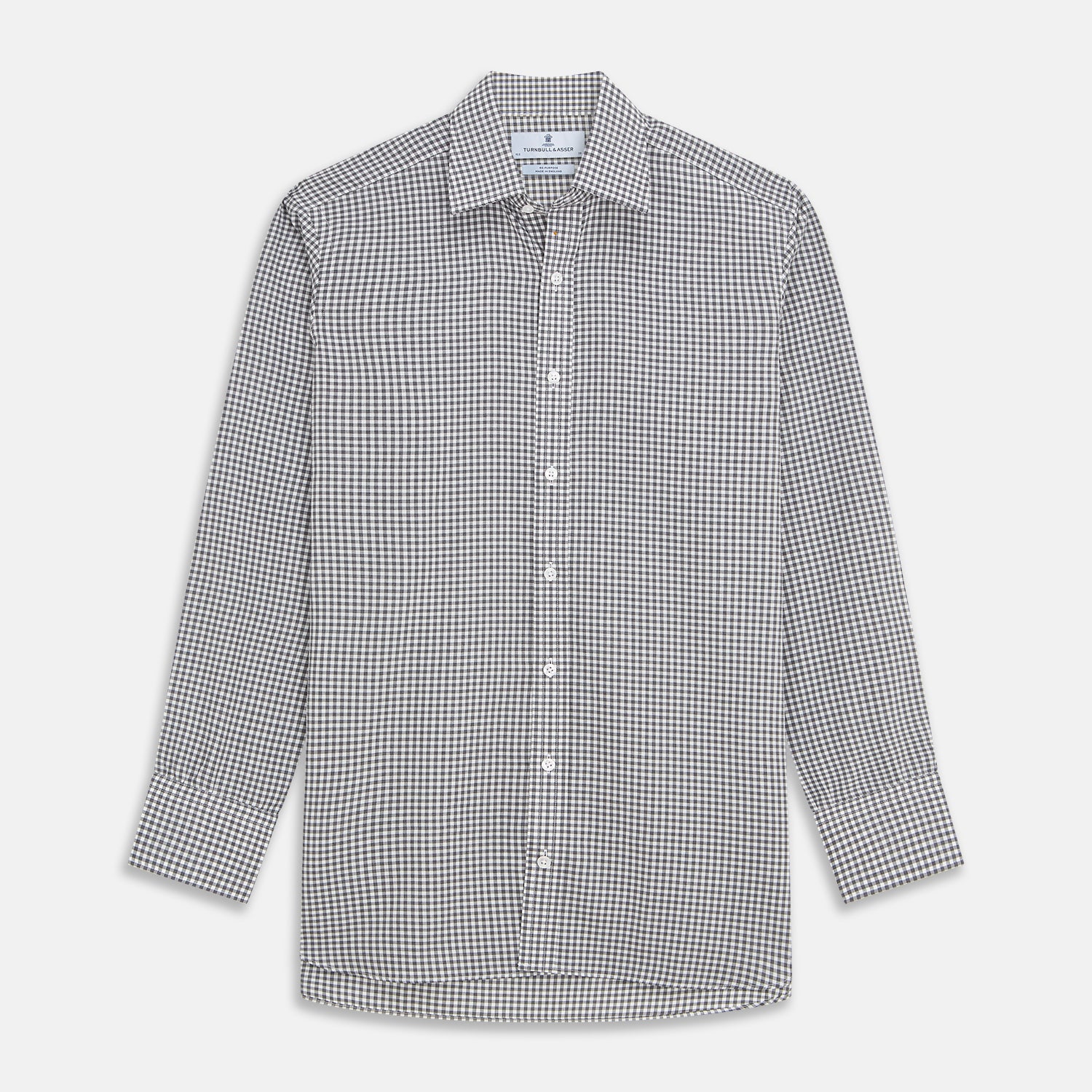 View 1 of product The Turnbull & Asser Grey Gingham Check Cotton Melange Regular Fit Mayfair Shirt, shown flat against a white background, offers a classic designer look with its small black and white check pattern and button-down design.