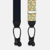 View 2 of product Turnbull & Asser Multi-coloured Circle Yellow Adjustable Silk and Navy Leather Braces, featuring gold-toned metal clips, bring refined style to any outfit. Shown laid flat on a white background.