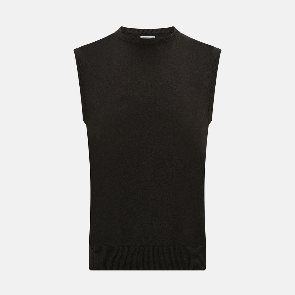 A dark brown cashmere round neck vest by Turnbull & Asser, sleeveless and displayed against a plain white background.