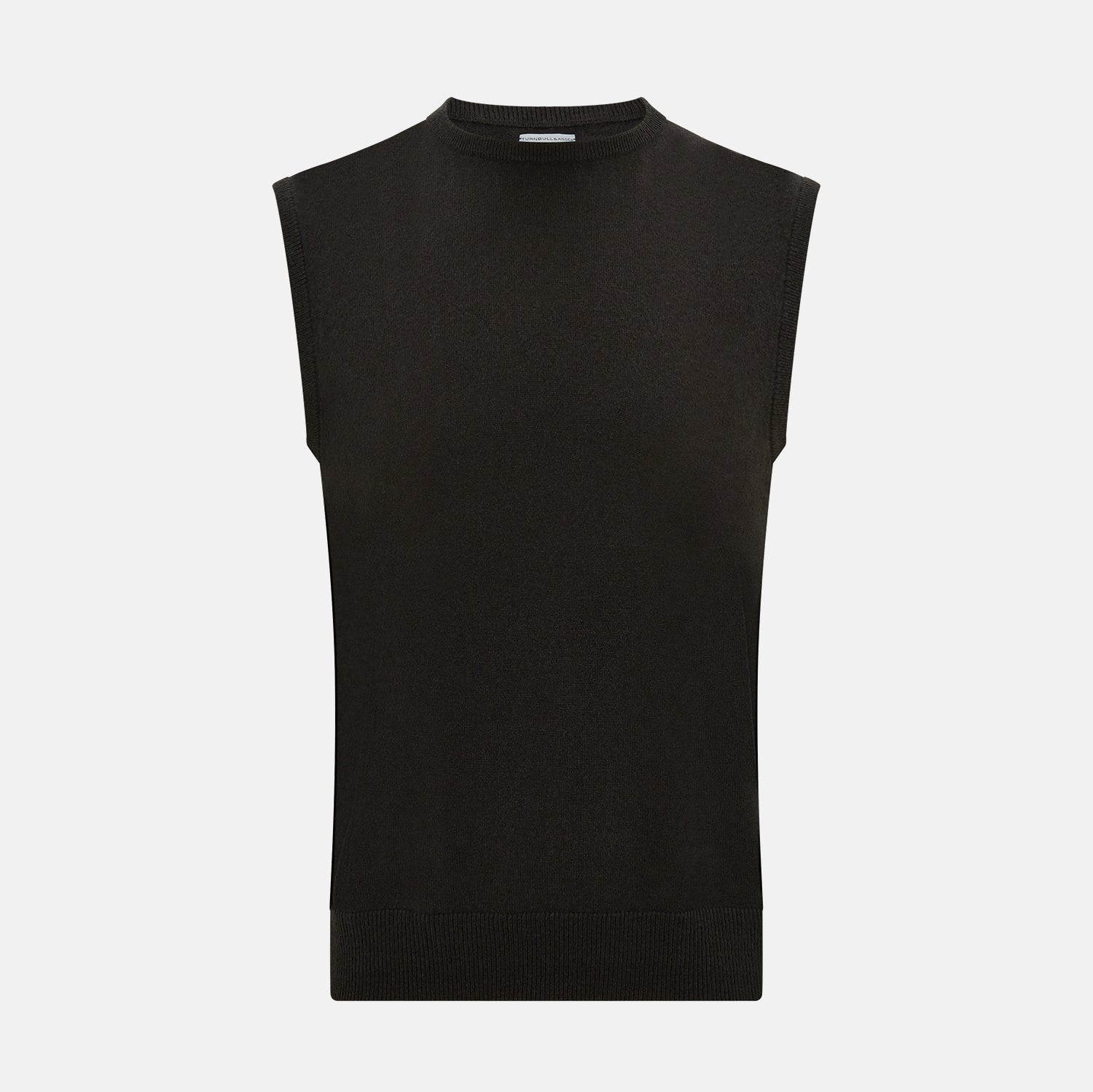View 1 of product A dark brown cashmere round neck vest by Turnbull & Asser, sleeveless and displayed against a plain white background.