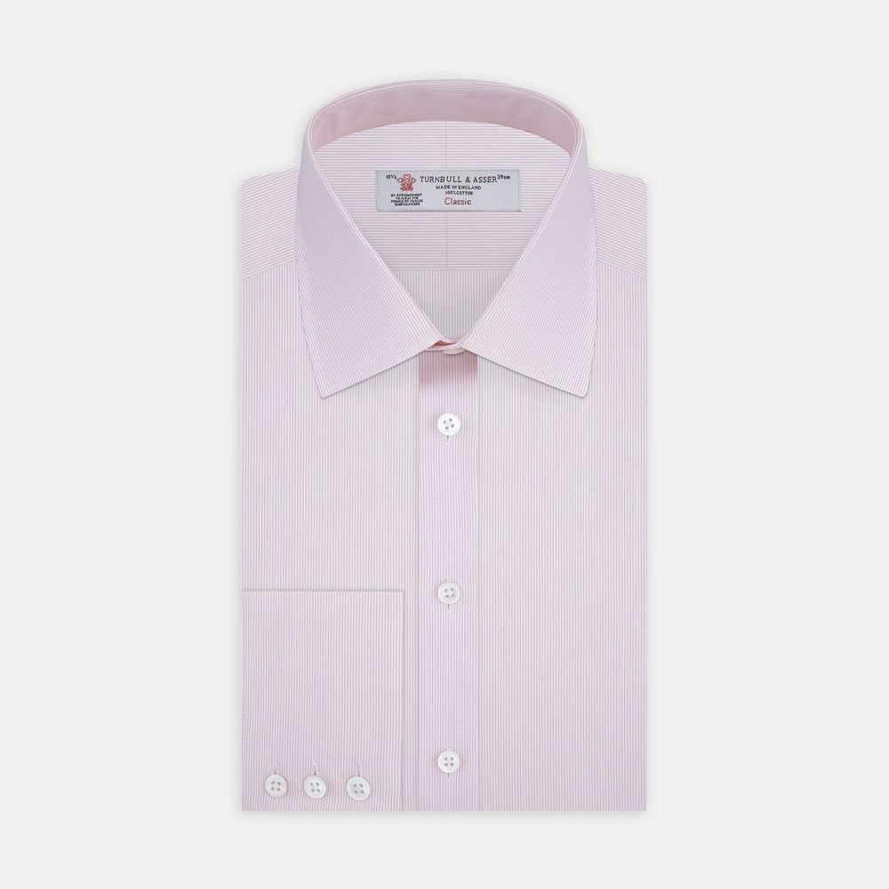 The Turnbull & Asser Pink Hairline Stripe Shirt features a T&A collar and 3-button cuffs, shown neatly folded against a white background—perfect as a smart office shirt.