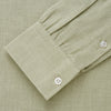 View 4 of product The Turnbull & Asser Soft Green Cashmerello Weekend Fit Finch Shirt features a Derby collar, long sleeves, chest pocket, white buttons, and cuffs. Laid flat on a white background.