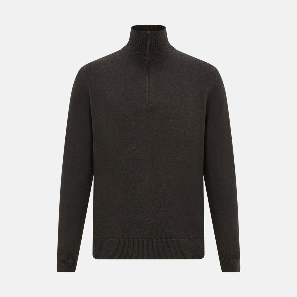 The Turnbull & Asser Brown Half-Zip Cashmere Jumper features a plain, long-sleeve design with a high collar and quarter-zip neckline, showcased against a white background.