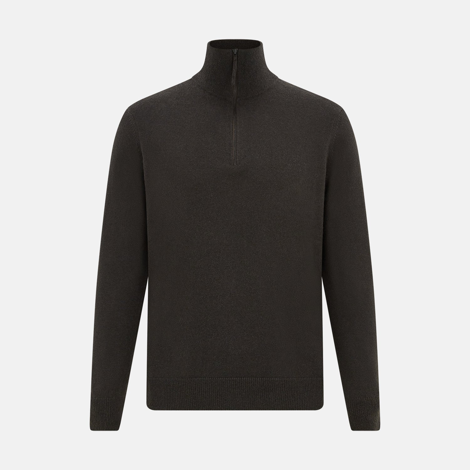 View 1 of product The Turnbull & Asser Brown Half-Zip Cashmere Jumper features a plain, long-sleeve design with a high collar and quarter-zip neckline, showcased against a white background.