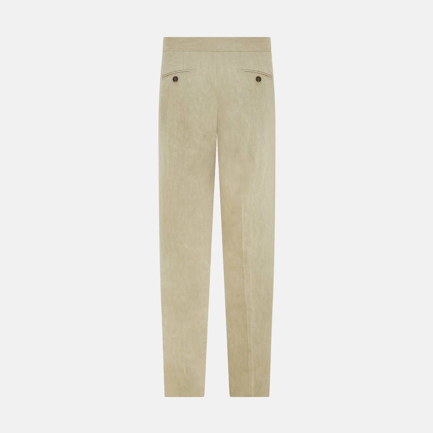View 4 of product Turnbull & Asser's Taupe Linen Henry Trousers, made from a linen-cotton blend, feature a straight-leg cut, button and zip closure, belt loops, and adjustable waist tabs—shown against a plain white background.