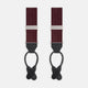 Turnbull & Asser Burgundy Small Spot Adjustable Silk Braces, featuring small white dots, black leather ends, and silver clasps, are displayed vertically on a plain white background for refined sartorial style.