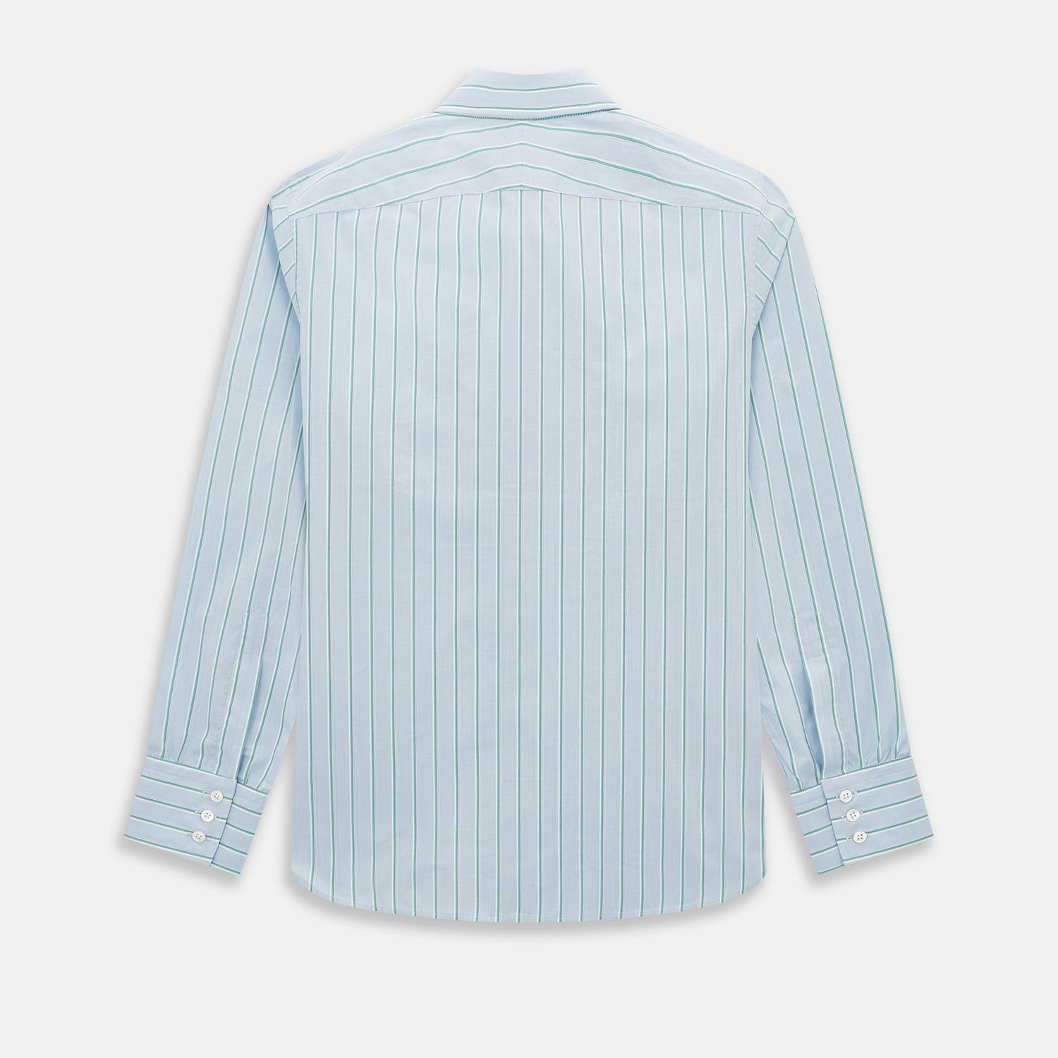 View 3 of product Blue and green multi-stripe Westminster shirt by Turnbull & Asser, featuring a pointed collar and buttoned cuffs—a refined example of British craftsmanship on a plain white background.