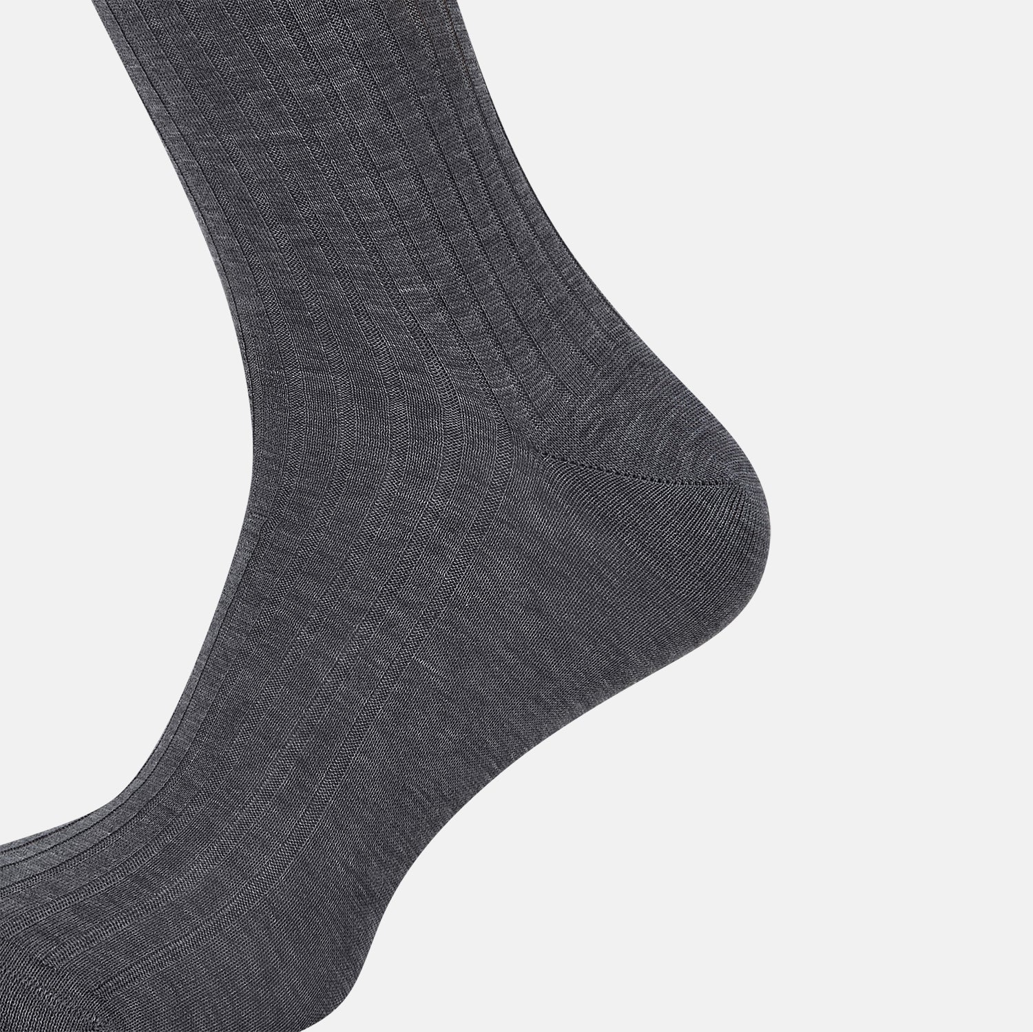 View 4 of product The Ash Long Sock by Turnbull & Asser is a single, knee-high sock in dark gray Egyptian cotton with a ribbed texture, displayed upright against a plain white background.
