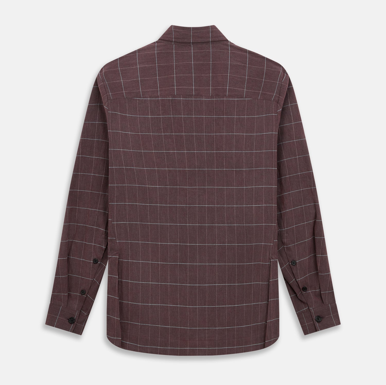 View 3 of product The Turnbull & Asser Burgundy Check Hampstead Overshirt, featuring a button-up front, collar, white windowpane pattern, and two front pockets, is laid flat on a white background—perfect for elegant formal wear.