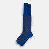 View 2 of product A single Turnbull & Asser Royal Blue/orange Diagonal Striped Long Sock is shown in a knee-high style against a plain light gray background.