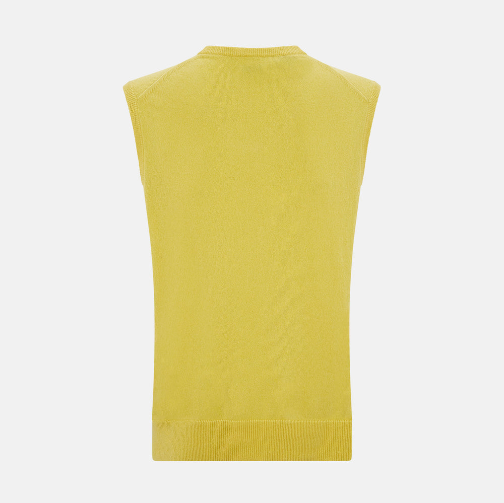 Turnbull & Asser’s Canary Yellow Cashmere V-Neck Vest features a ribbed hem and sleeveless design, adding a vibrant touch to refined outfits. Displayed on a plain white background.