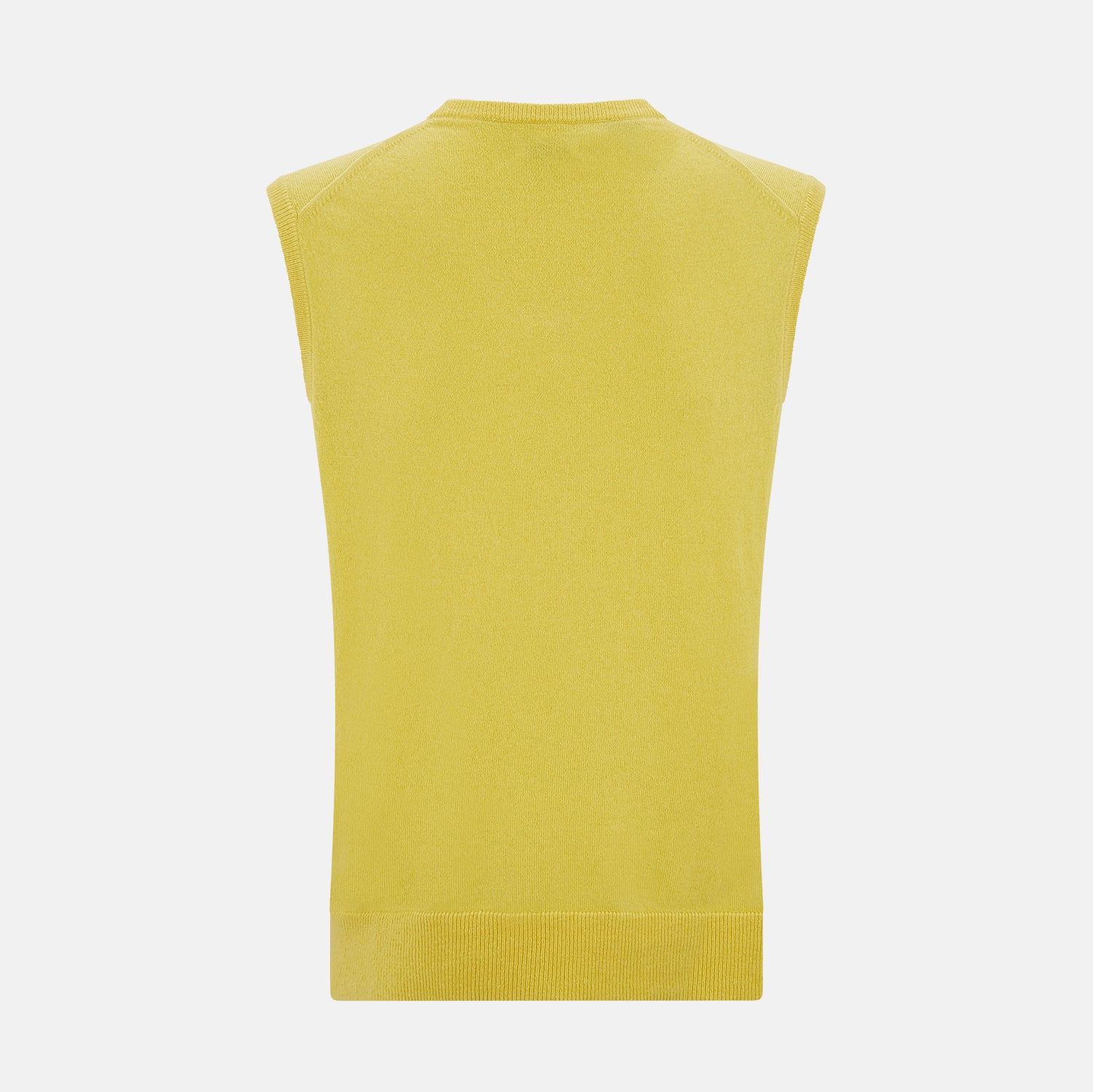 View 3 of product Turnbull & Asser’s Canary Yellow Cashmere V-Neck Vest features a ribbed hem and sleeveless design, adding a vibrant touch to refined outfits. Displayed on a plain white background.