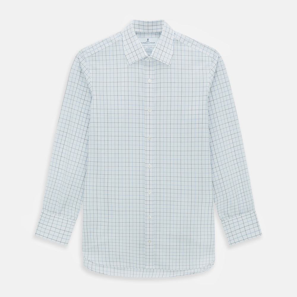 The Blue Grid Check Mayfair Shirt by Turnbull & Asser is a long-sleeve, button-up shirt with a T&A collar, crafted from organic cotton in a light and dark blue grid pattern, shown flat against a white background.