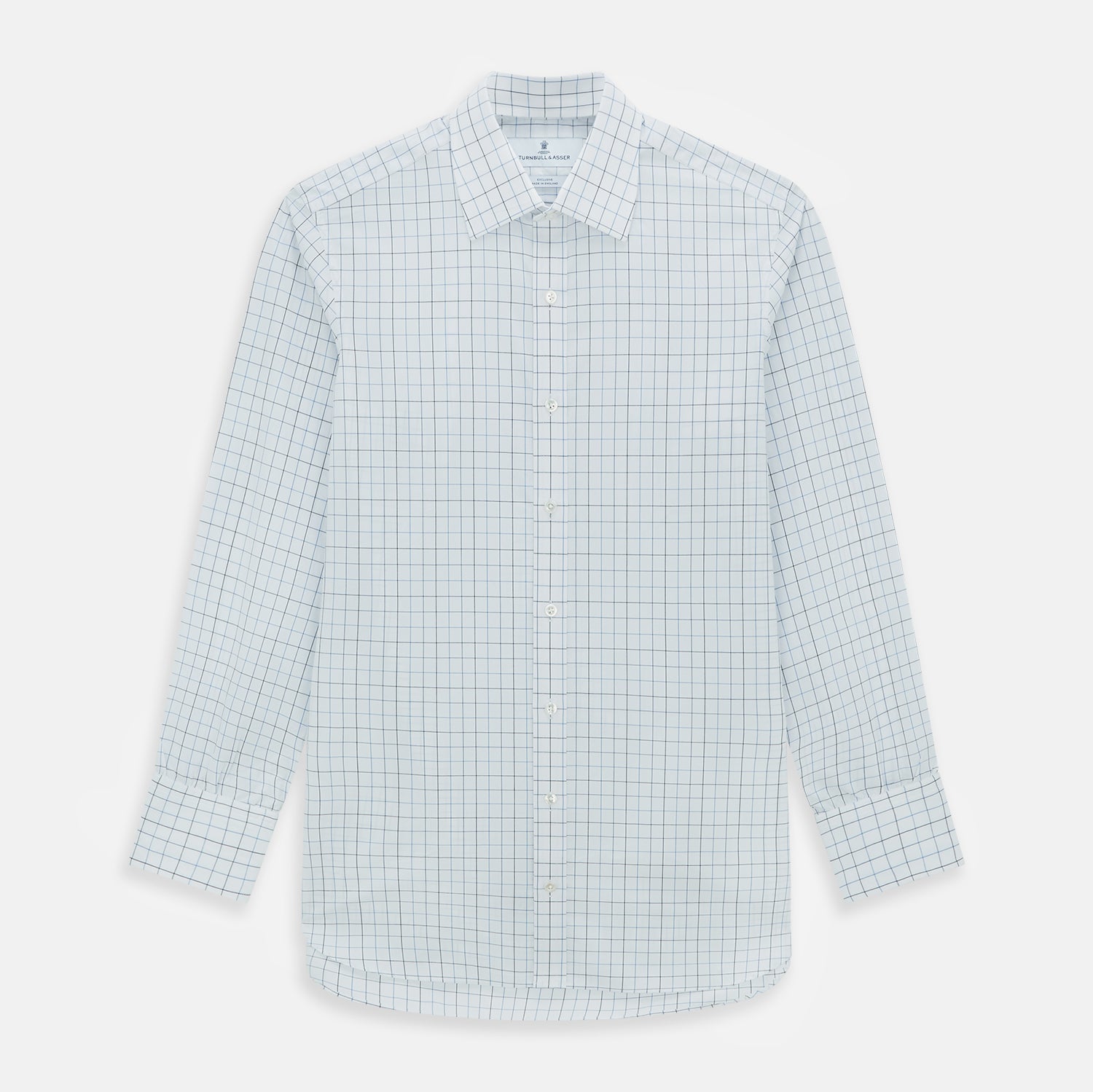 View 1 of product The Blue Grid Check Mayfair Shirt by Turnbull & Asser is a long-sleeve, button-up shirt with a T&A collar, crafted from organic cotton in a light and dark blue grid pattern, shown flat against a white background.