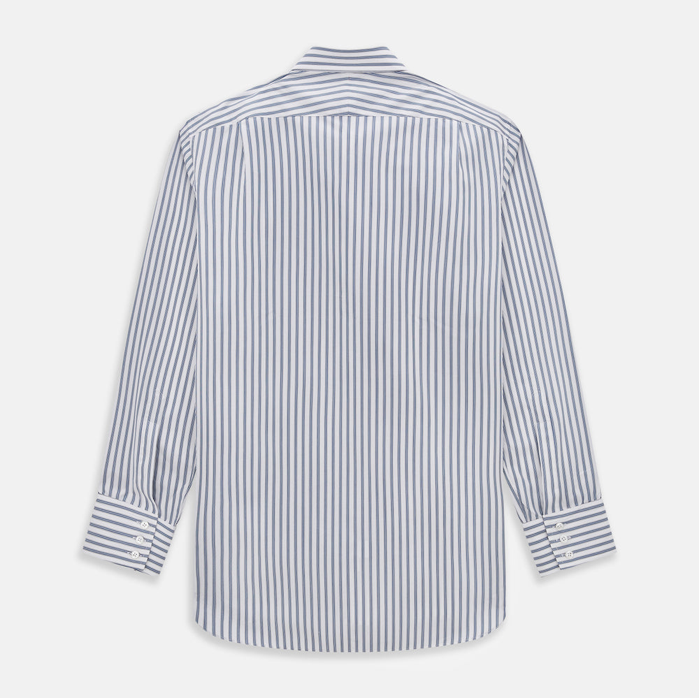 The Turnbull & Asser Blue Multi Wide Track Stripe Mayfair Shirt is a long-sleeve, button-up shirt with a classic collar and vertical blue and white stripes, shown on a white background.