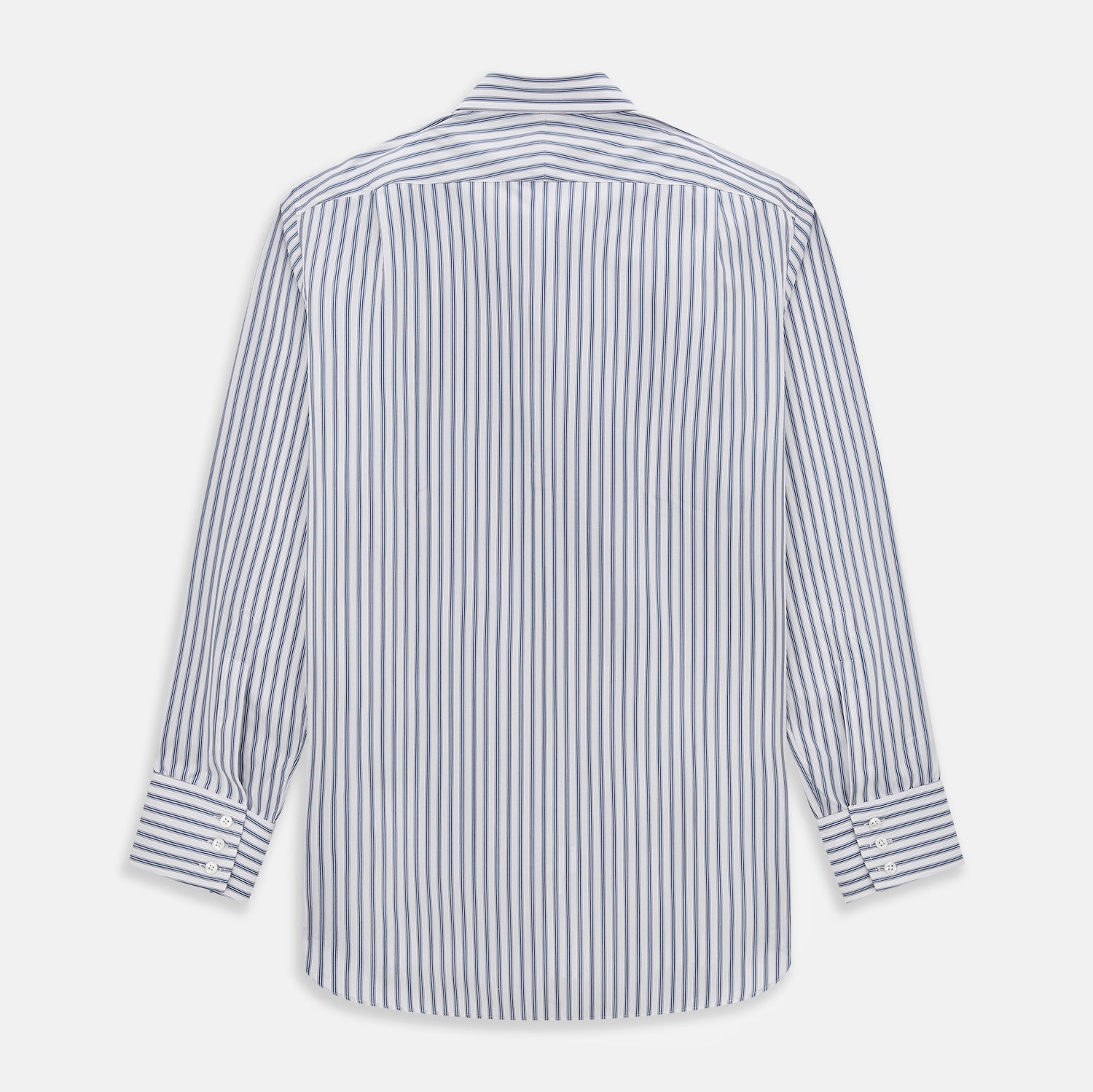 View 3 of product The Turnbull & Asser Blue Multi Wide Track Stripe Mayfair Shirt is a long-sleeve, button-up shirt with a classic collar and vertical blue and white stripes, shown on a white background.