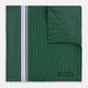 The Forest Green and Lilac Stripe Silk Pocket Square by Turnbull & Asser features thin white pinstripes, a bold light purple vertical stripe, and a visible branded label for classic British elegance. One corner is neatly folded over.