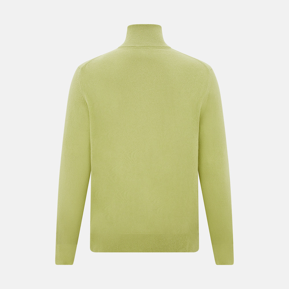 The Turnbull & Asser Melon Green Half-Zip Cashmere Jumper features long sleeves, a high collar, and half-zip front—ideal knitwear for layering. Shown on a plain white background.
