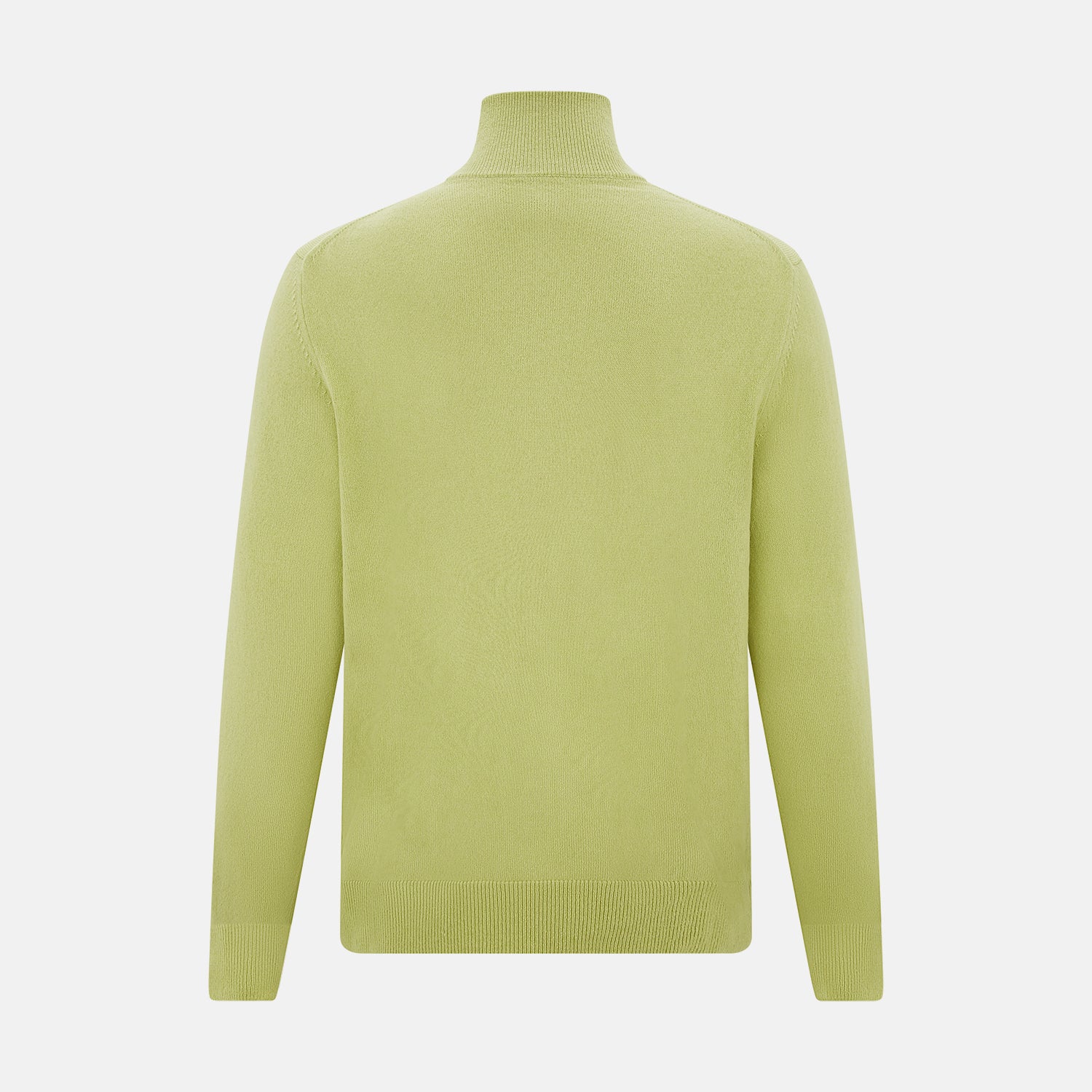 View 3 of product The Turnbull & Asser Melon Green Half-Zip Cashmere Jumper features long sleeves, a high collar, and half-zip front—ideal knitwear for layering. Shown on a plain white background.