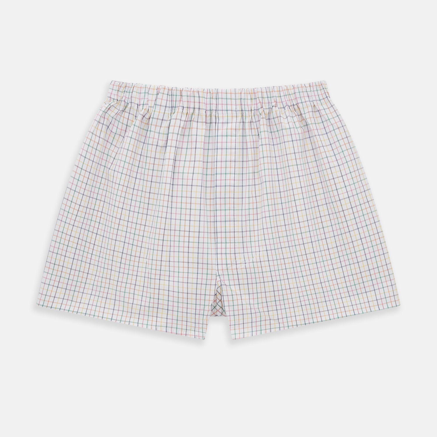View 1 of product The Rainbow Check Godfrey Boxer Shorts by Turnbull & Asser are crafted from white Italian cotton with an elastic waistband and feature a colorful checked pattern in thin blue, red, and green lines. They are shown flat against a white background.