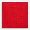 View 3 of product The Turnbull & Asser Red and Burgundy Spot Silk Pocket Square features evenly spaced small spots and the brand logo in the bottom right corner—perfect for formal wear. One corner is folded to show the reverse side.