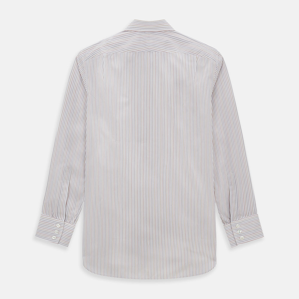 The Red with Multicoloured Music Stripe Mayfair Shirt by Turnbull & Asser is a long-sleeve, button-up shirt with a collar, featuring vibrant multicoloured stripes, inspired by classic British design, neatly laid flat on a plain background.