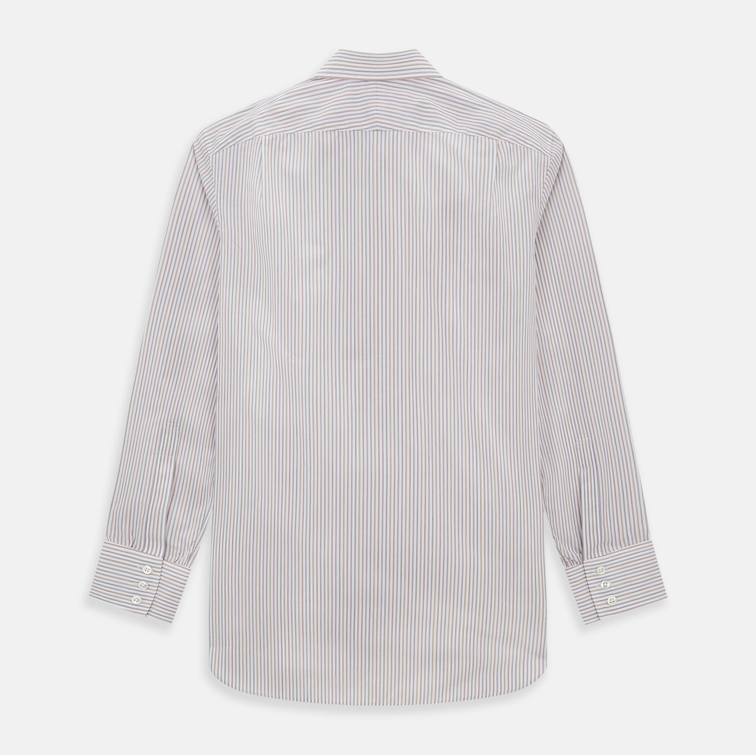 View 3 of product The Red with Multicoloured Music Stripe Mayfair Shirt by Turnbull & Asser is a long-sleeve, button-up shirt with a collar, featuring vibrant multicoloured stripes, inspired by classic British design, neatly laid flat on a plain background.