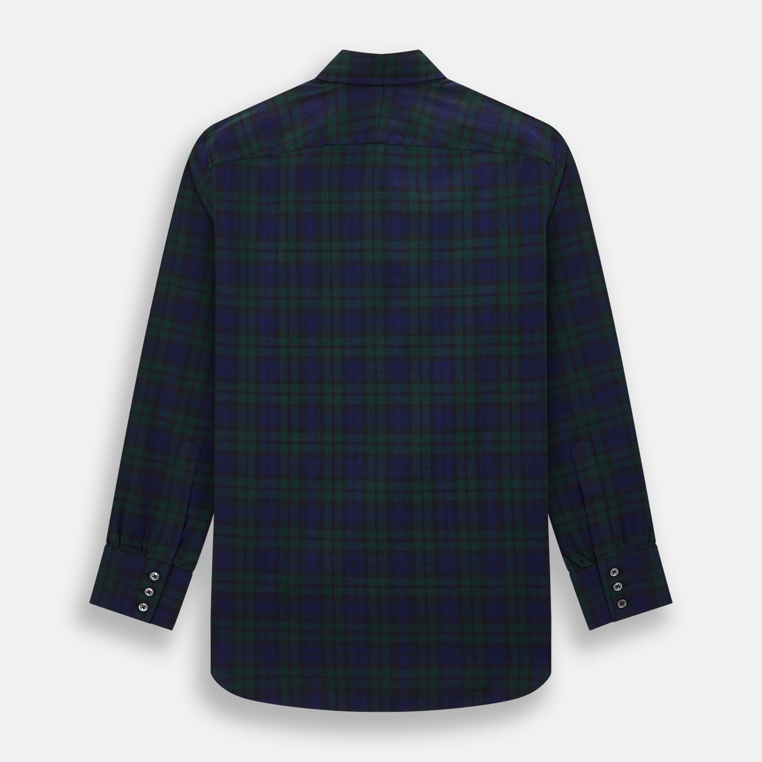View 3 of product The Turnbull & Asser Black Watch Tartan Windsor Shirt is a long-sleeve, button-up shirt with a dark green and navy tartan pattern, white buttons, collar, and curved hem—showcasing British craftsmanship on a plain white background.