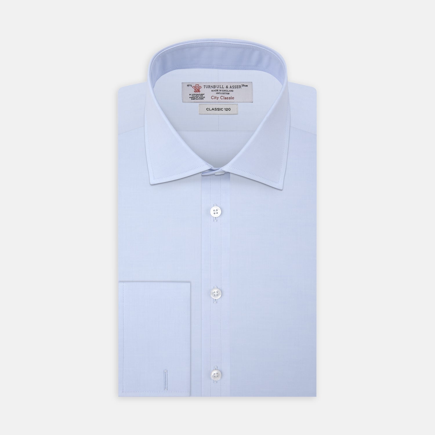 View 1 of product A neatly folded Turnbull & Asser Two-Fold 120 Light Blue Shirt, featuring a regent collar and double cuffs, is displayed against a plain white background.