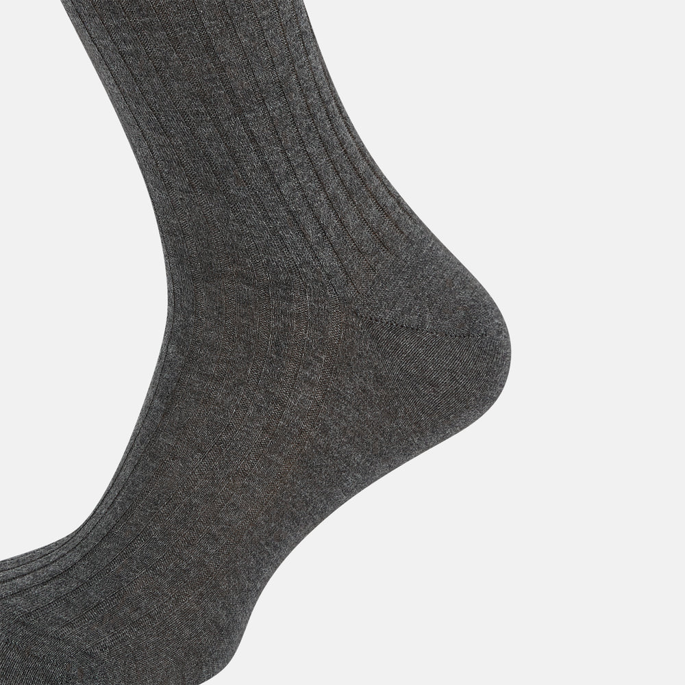 A single Grey Organic Cotton Mid-Length Sock by Turnbull & Asser is shown upright on a white background, featuring a ribbed texture and reinforced cuff.