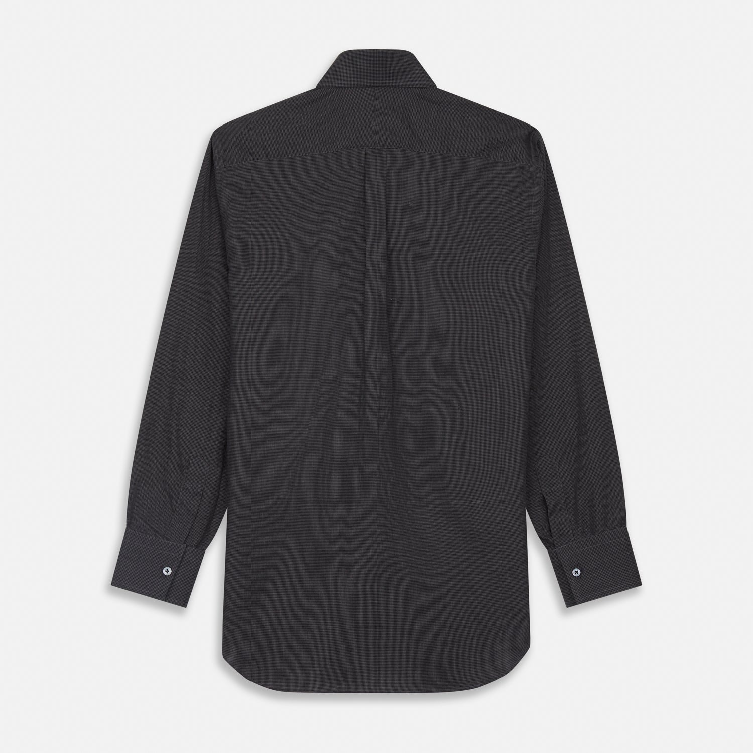 View 5 of product A man with short hair wears the Turnbull & Asser Black Check Weekend Fit Flannel Shirt with Derby Collar and 1-Button Cuffs, paired with light pants, against a plain background—ideal for a smart-casual weekend look.