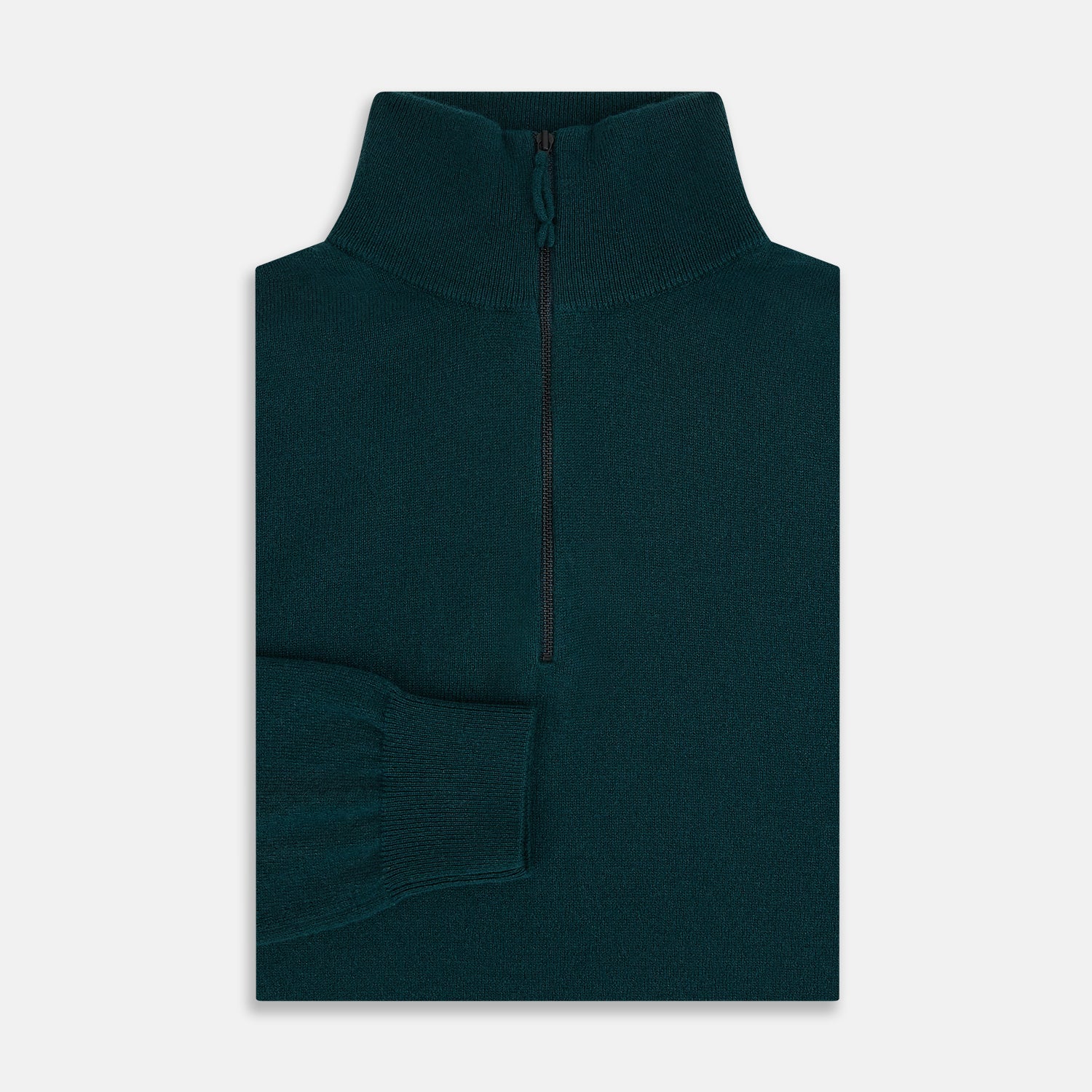 View 4 of product The Turnbull & Asser Hunter Green Half-Zip Cashmere Jumper is a classic knitwear pullover with long sleeves, a high mock neck, half-zip closure, and ribbed cuffs and hem, shown against a plain white background.