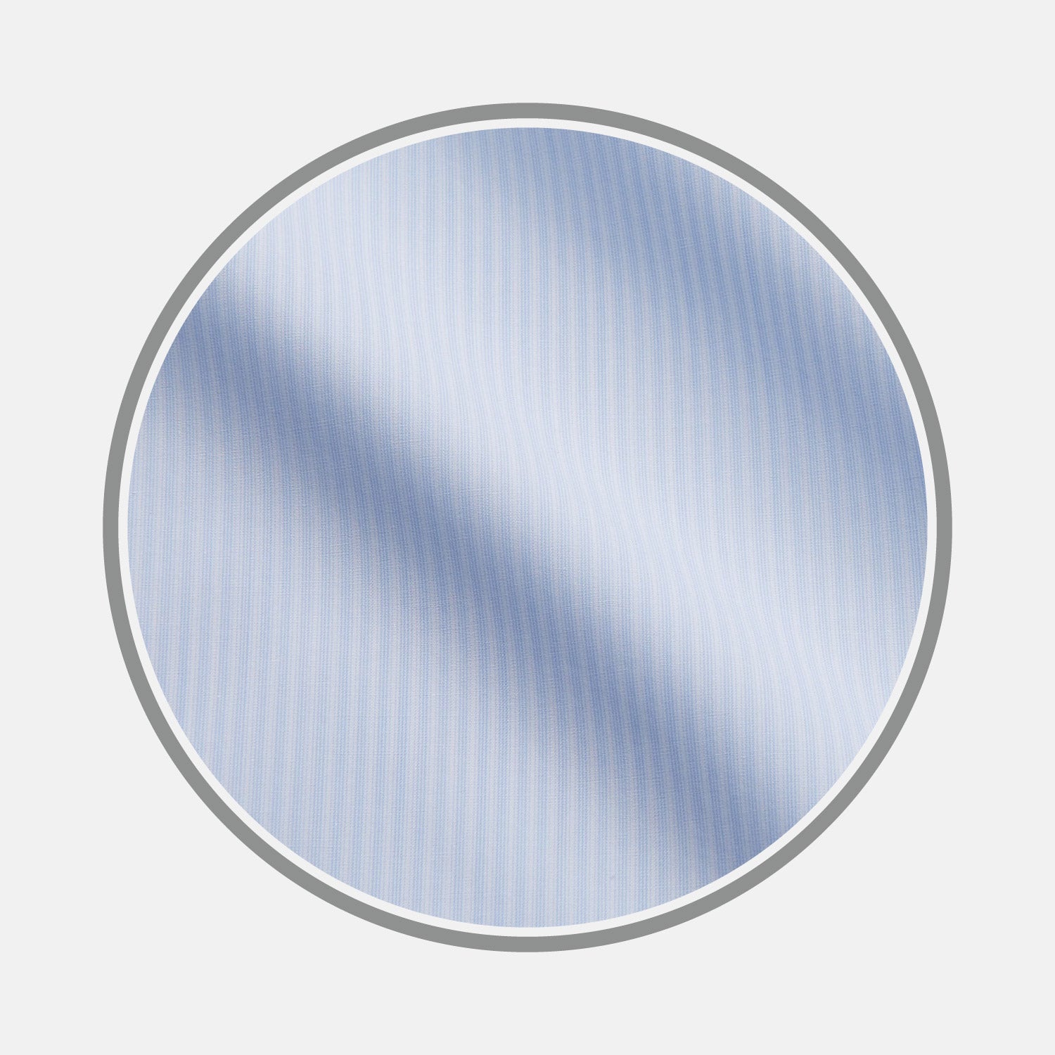 View 1 of product A circular swatch of Turnbull & Asser's Pale Blue Stripe Cotton Fabric, featuring subtle white vertical pinstripes on light blue, is shown against a white background with a gray-bordered circle.